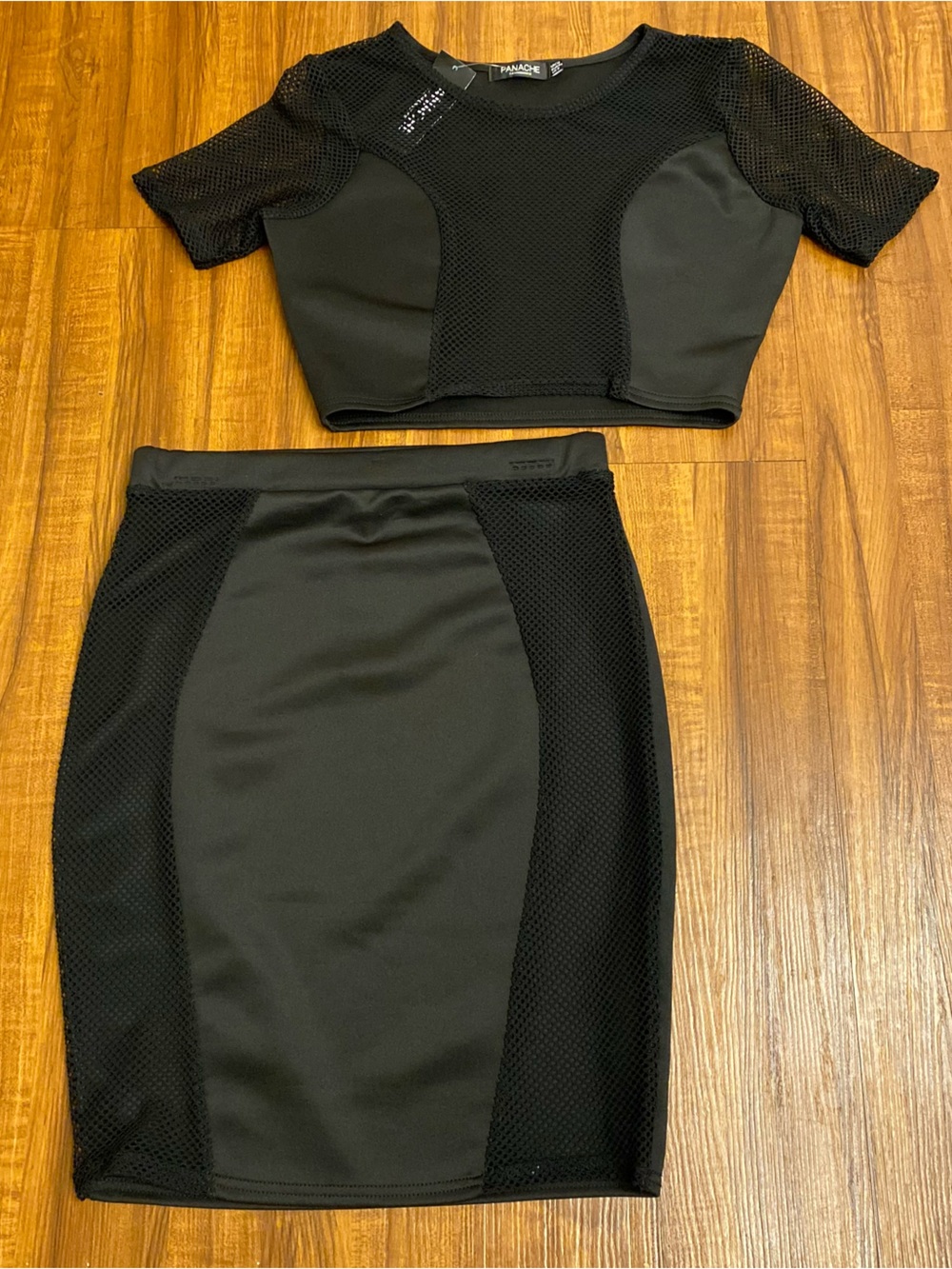 New Ladies Black Mesh-Panel Mini Skirt Set